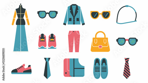 Fashion Vector Icon Set: Clothing, Accessories, Shoes, and Sunglasses for Stylish Design Projects