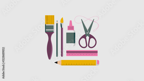 Vector Icon Set of Crafting Tools: Paintbrush, Scissors, Ruler, Glue, Pencil, and Sewing Supplies for DIY Projects and Art Activities