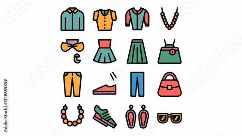 Fashion clothing and accessories vector icon set for trendy apparel, stylish outfits, and chic accessories in modern design. Perfect for retail and e-commerce.