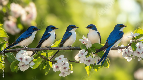 group of swallow birds on a flowers branch