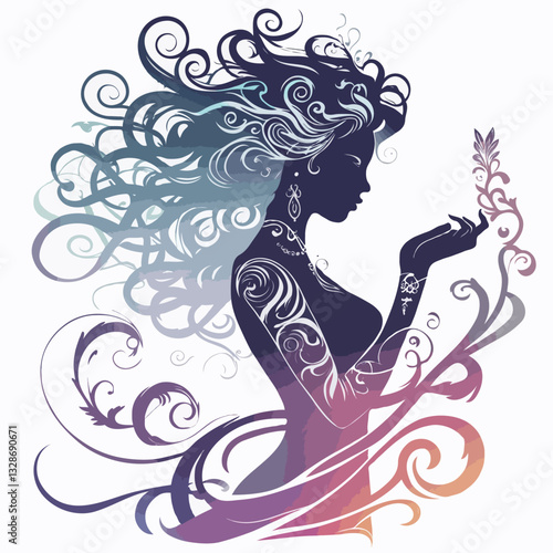 Mystical woman silhouette with flowing hair and floral patterns