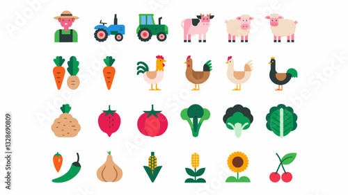 Farm Vector Icon Set with Tractor, Animals, Vegetables, and Fruits for Agriculture, Gardening, and Farming Projects – Downloadable Graphic Elements