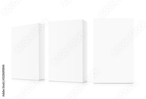 Realistic white closed paperboard box mockup. Front and half side view. Vector illustration isolated on white background. Taking your 2D designs into 3D. Can be use for pharmacy, cosmetic, food.EPS10.