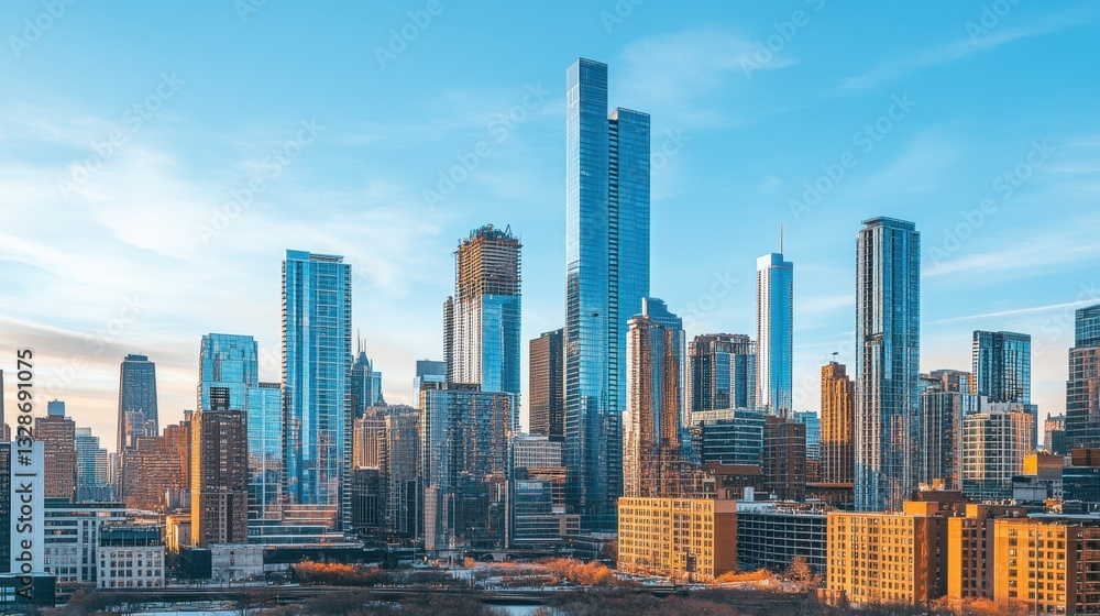 Fototapeta premium A cityscape featuring corporate office towers under a clear blue sky