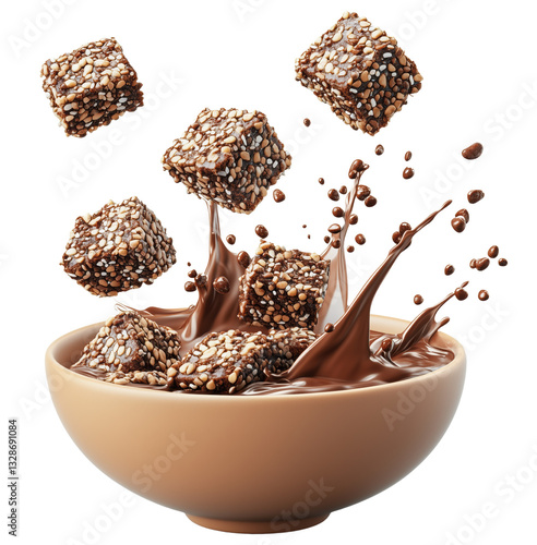 Floating sesame seed brittle with rich melted chocolate splashing in bowl, creating delightful and indulgent scene. Isolated On Transparent Background