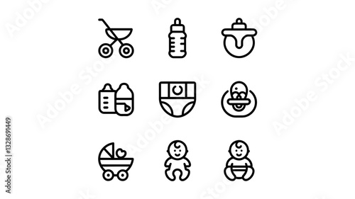 Baby Icons Vector Set: Pram, Bottle, Diaper, Rattle, and Baby Illustrations for Parenting, Baby Shower, Nursery Design, and Childcare Projects