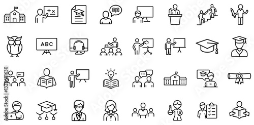 Education and Learning Outline Icon Set – School, Online Learning, Teaching, Graduation, Classroom, Students, Teachers, E-Learning, University, Academic, Knowledge, Study, Books, Diploma, Lecture, Tra