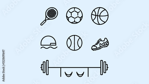 Sports Equipment Vector Icon Set for Fitness, Tennis, Soccer, Basketball, Gym, and Swimming Activities - Perfect for Health and Wellness Projects