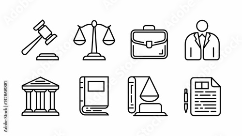 Legal Icons Vector Set: Courtroom Symbols, Law Books, Gavel, Attorney Briefcase, Scales of Justice, and Legal Documents for Law Firm Graphics