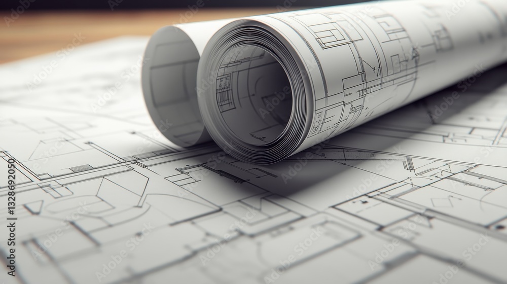 A close-up of a rolled-up blueprint on a wooden desk, showing technical construction plans in fine detail A close-up of a rolled-up blueprint on a wooden desk, showing technical construction plans in fine detail