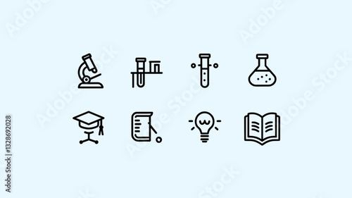 Science and Education Vector Icon Set for Lab, Chemistry, Learning Tools, Microscope, Graduation, Research, Knowledge, and Study Design Projects