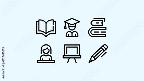 Education Vector Icon Set for Learning and Teaching Resources, Study Tools, Graduation, Classroom, and Student Symbol Designs