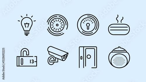 Vector Icon Set for Smart Home Technology, Security, and Automation - Light, Lock, Surveillance, Thermostat, and Sound Icons for Creative Projects