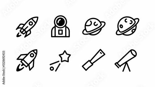 Space Vector Icon Set: Rocket, Astronaut, Planet, Telescope, Shooting Star Designs for Websites, Apps, and Creative Projects in Flat Style