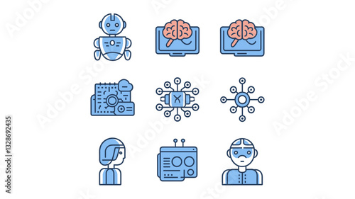 AI Vector Icon Set for Technology, Robotics, Machine Learning, and Neural Networks in Modern Design