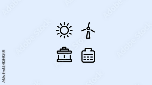 Eco-friendly Vector Icon Set for Renewable Energy, Solar Power, Wind Turbines, and Sustainable Battery Designs for Green Technology Projects