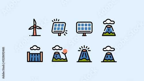 Vector Icon Set for Renewable Energy: Wind Turbines, Solar Panels, Hydro Power, and Volcanoes, Perfect for Sustainability, Eco-Friendly Design Projects.