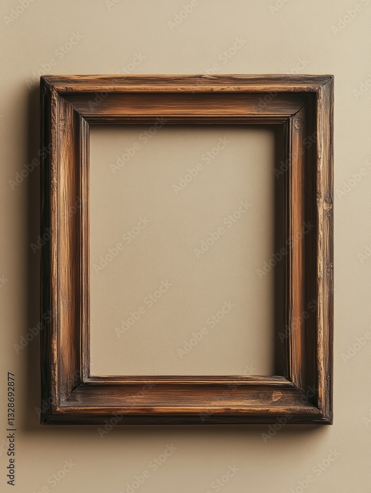Empty wooden frame on neutral wall, ready for artwork display. Empty wooden frame on neutral wall, ready for artwork display.