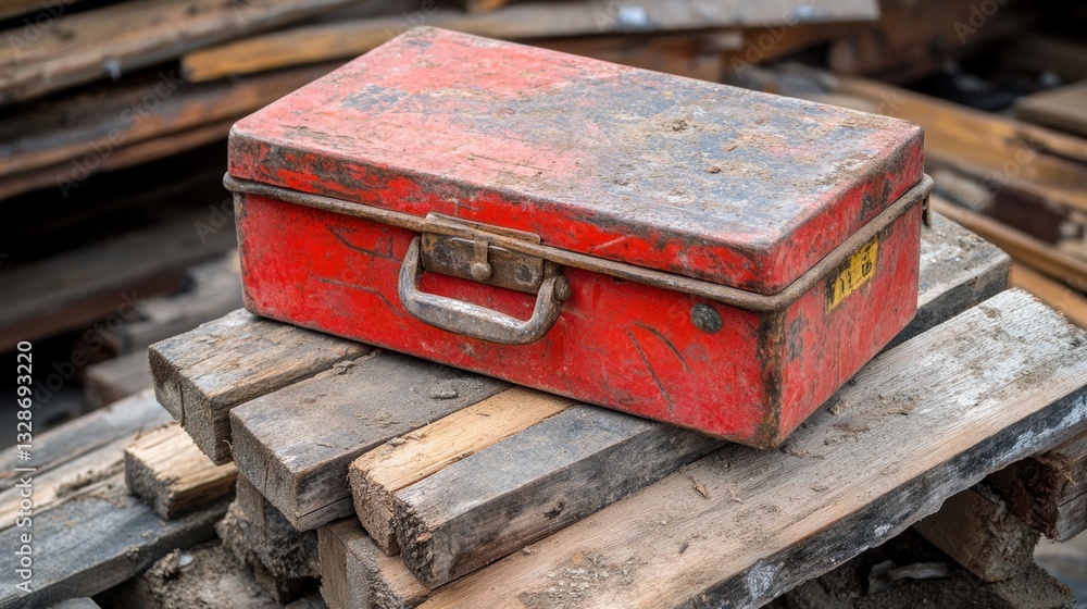 Obraz premium A construction workers toolbox resting on a pile of lumber at a home build site