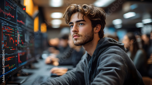 Focused Trader: A young man, intent on navigating the complex world of finance, is immersed in the dynamic landscape of stock trading, surrounded by monitors and data.