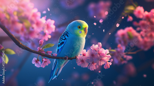 a beautiful blue bird sitting on a blooming pink flower tree branch