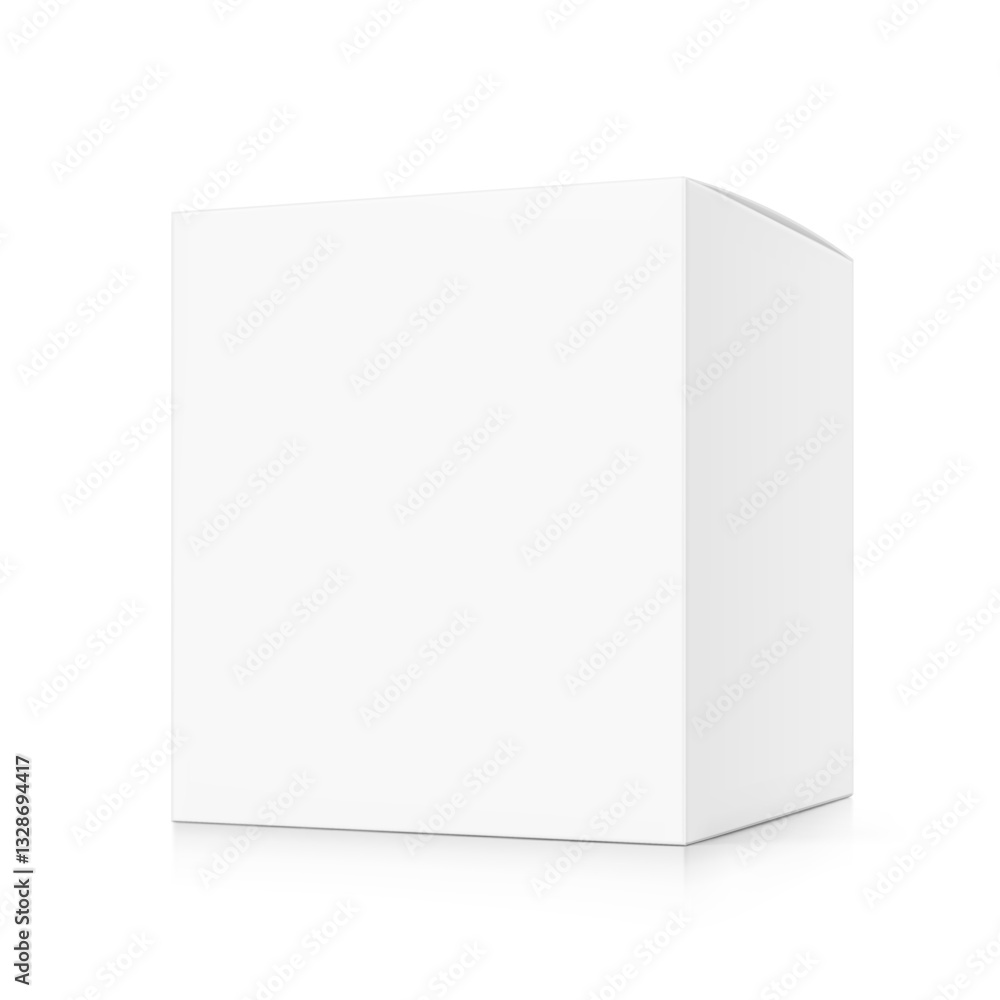 Realistic white closed paperboard box mockup. Half side view. Vector illustration isolated on white background. Taking your 2D designs into 3D. Can be use for pharmacy, cosmetic, food. EPS10. Realistic white closed paperboard box mockup. Half side view. Vector illustration isolated on white background. Taking your 2D designs into 3D. Can be use for pharmacy, cosmetic, food. EPS10.