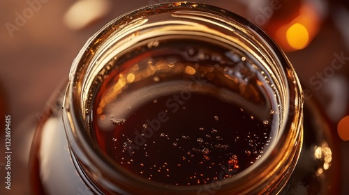 A clear glass jar filled with dark brown sweet liquid