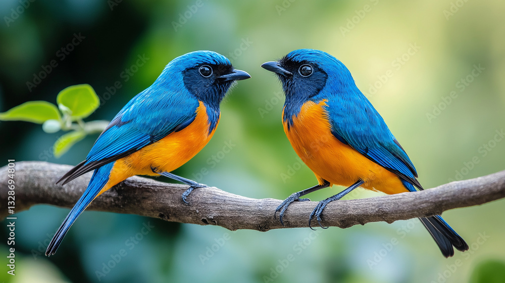 Fototapeta premium Rufous-bellied niltava, two birds sitting on a branch with a blur backgroung 