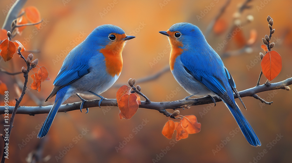 Obraz premium Rufous-bellied niltava, two birds sitting on a branch with a blur backgroung 