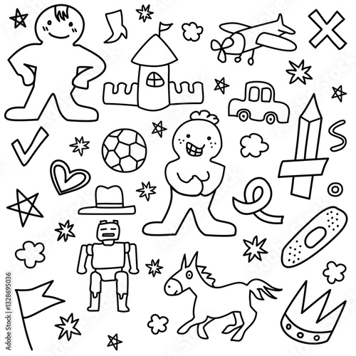 A Boy with Toys Black and White Doodle