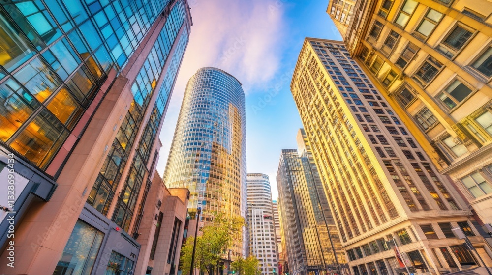 Fototapeta premium A financial district with tall, modern office buildings and clean sidewalks