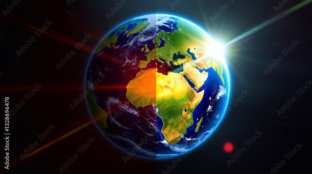 Fototapeta premium A digital illustration of planet Earth with a distinct split lens flare, vibrant colors, light streaks, and bold, divided sections