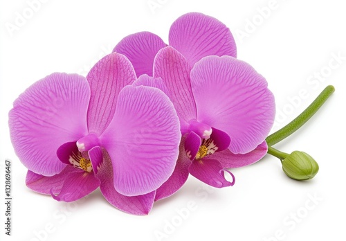 Close up of three light purple orchids with a bud on a stem against a white background.