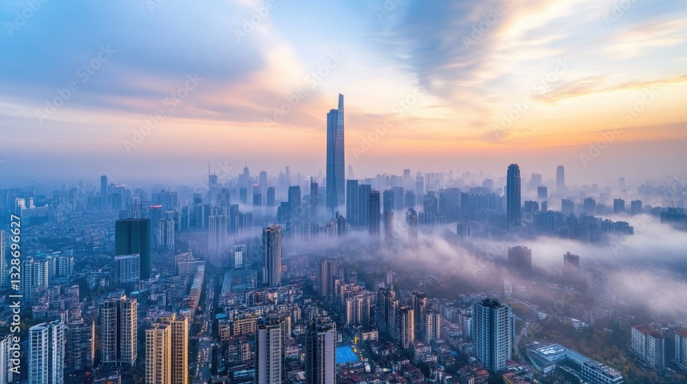 Fototapeta premium A foggy morning in a dense metropolis, with skyscrapers emerging through the mist