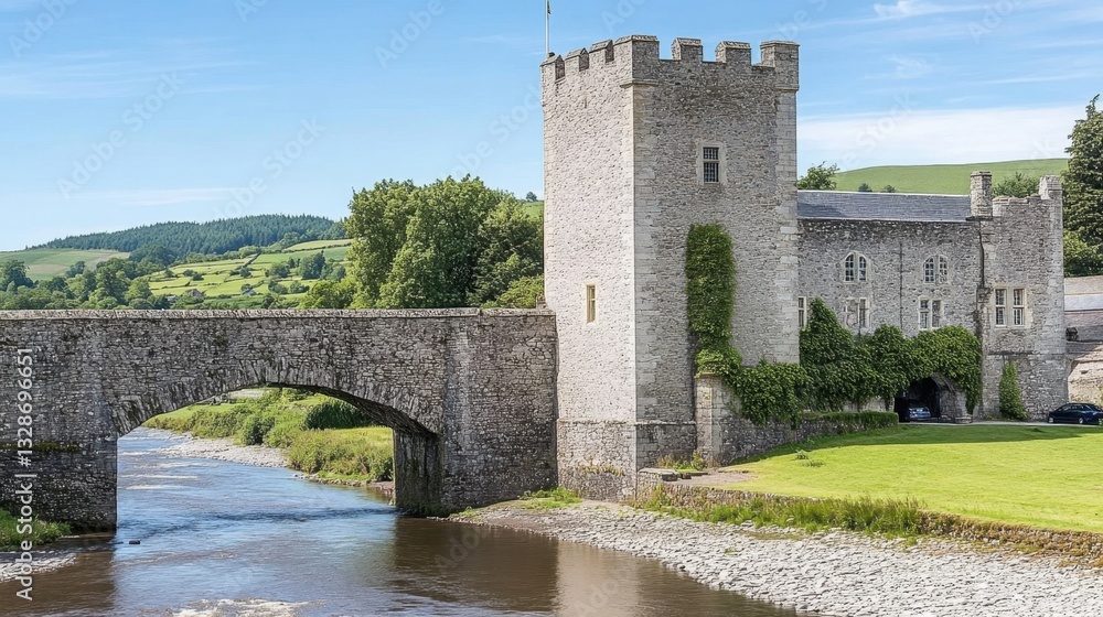 Obraz premium A fortified medieval bridge with high stone walls and a gatehouse over a flowing river