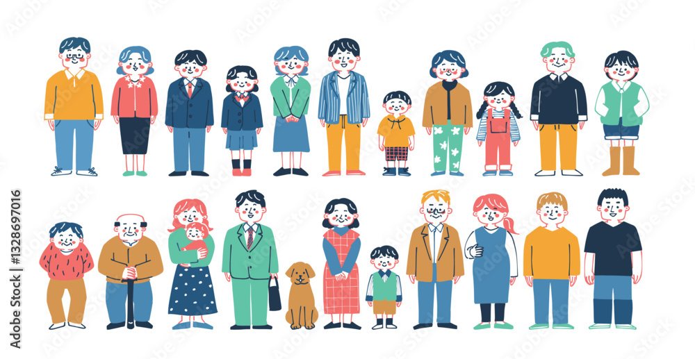 手書きのさまざまな人々の全身のイラスト