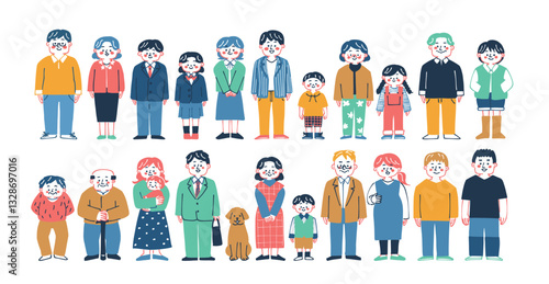 手書きのさまざまな人々の全身のイラスト