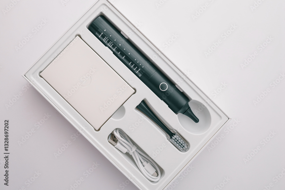 Modern black electric toothbrush set in white box. Includes toothbrush handle, replacement head, USB charging cable, and accessories. Oral care product, minimal design, close-up Modern black electric toothbrush set in white box. Includes toothbrush handle, replacement head, USB charging cable, and accessories. Oral care product, minimal design, close-up