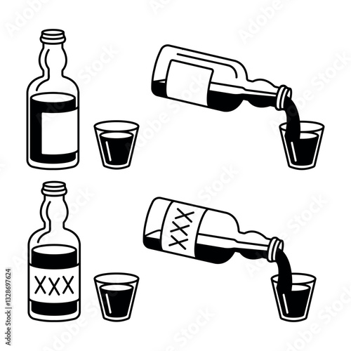 Linear art alcohol bottle icon and glass. Pouring whiskey from the bottle with the xxx label