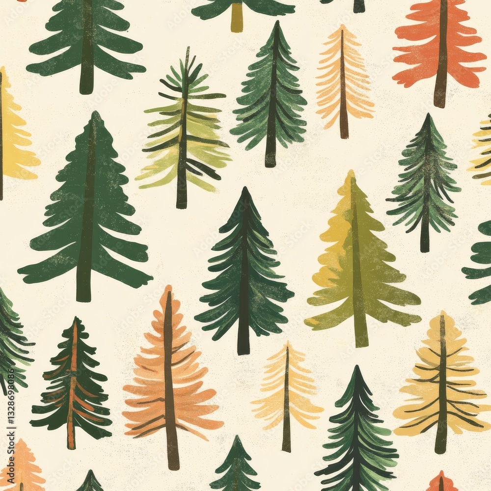 Obraz premium A seamless pattern of stylized evergreen trees in various colors on a textured background