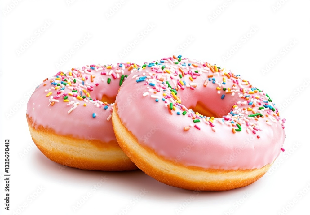 Two pink donuts with rainbow sprinkles on a white background. Two pink donuts with rainbow sprinkles on a white background.