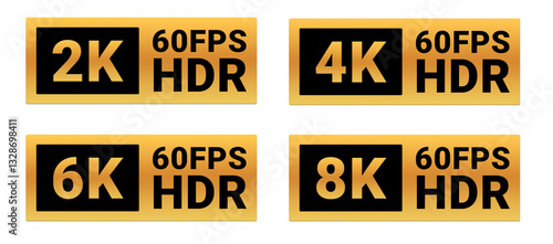 Golden Media Resolution Badges Set: 2K 60 FPS HDR, 4K 60 FPS HDR, 6K 60 FPS HDR, 8K 60 FPS HDR