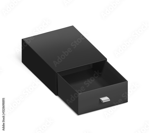 Black open slider drawer box with rope pull mockup. Vector illustration isolated on white background.  Can be use for gift box, luxury, cosmetics, and other goods. EPS10.