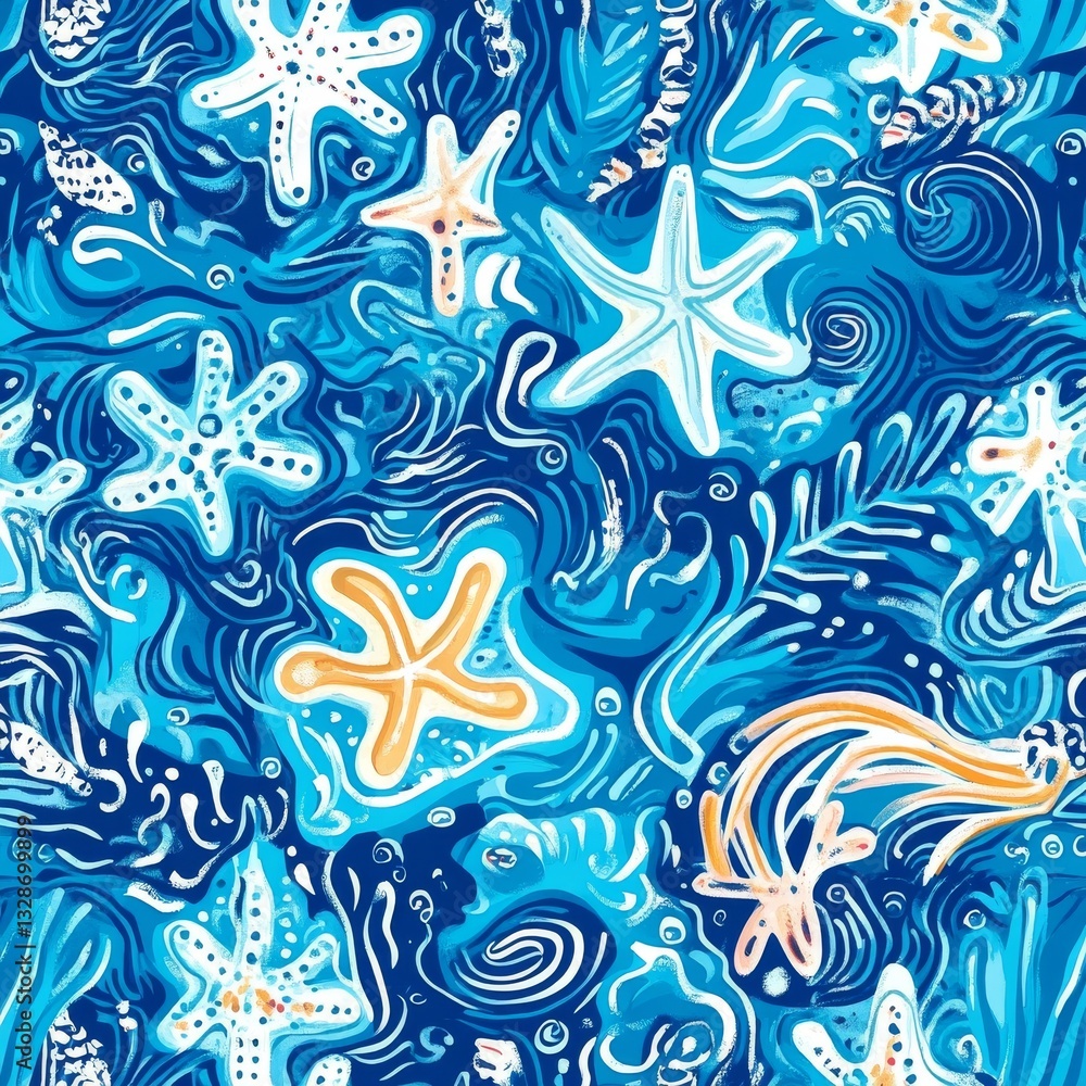 A vibrant, stylized pattern of starfish and marine flora in swirling blues and golds A vibrant, stylized pattern of starfish and marine flora in swirling blues and golds