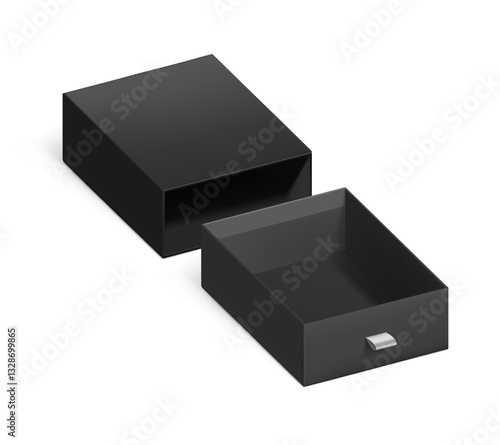 Black open slider drawer box with rope pull mockup. Vector illustration isolated on white background.  Can be use for gift box, luxury, cosmetics, and other goods. EPS10.