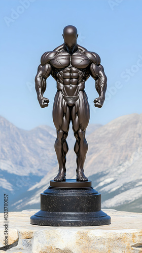 Dark bronze sculpted physique statue on a pedestal, mountains background