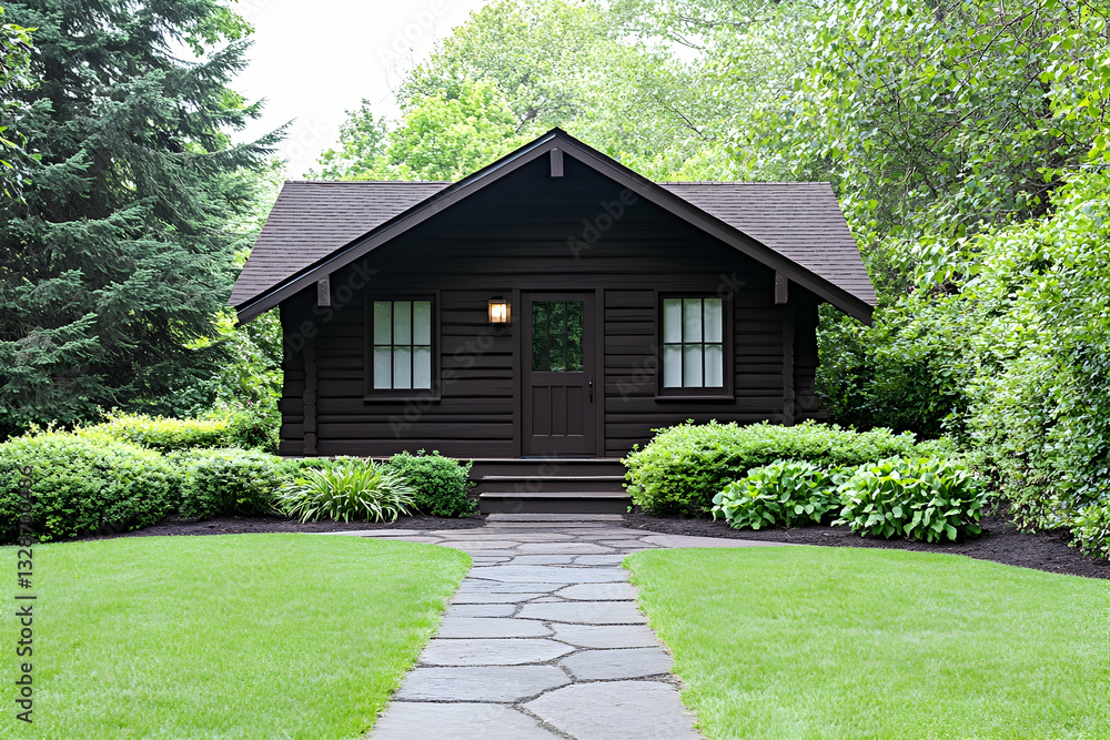Naklejka premium Dark brown cabin nestled in lush greenery, stone path leading to entrance