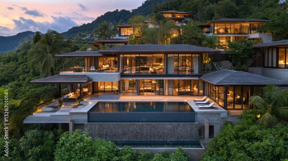 Obraz premium A luxurious modern villa with a flat roof, large glass walls, and an infinity pool in the front