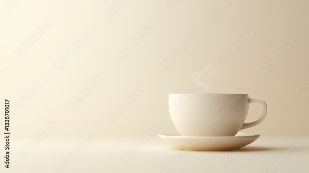 Steaming cup of coffee on a saucer against a minimalist beige background. The image evokes feelings of warmth and tranquility. Steaming cup of coffee on a saucer against a minimalist beige background. The image evokes feelings of warmth and tranquility.