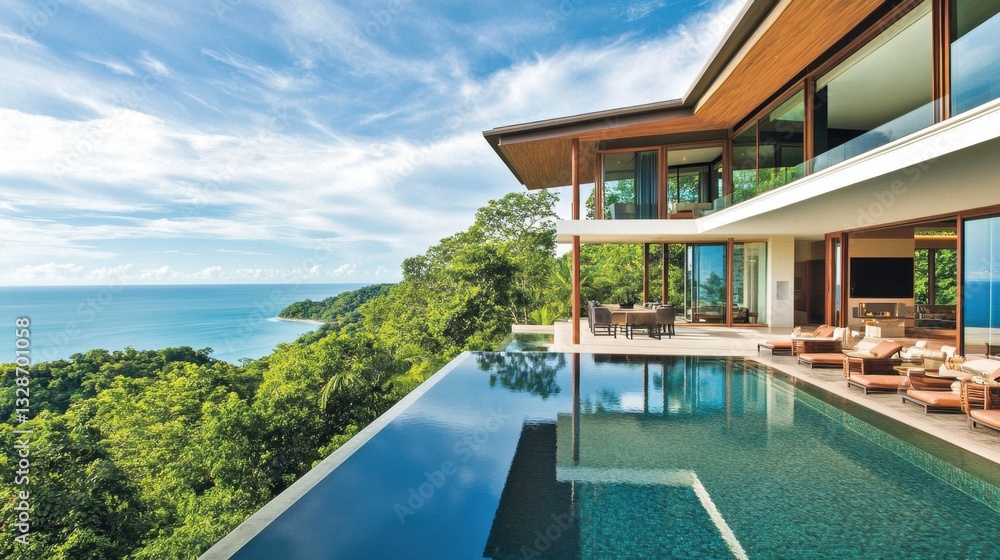 Fototapeta premium A luxurious modern villa with a flat roof, large glass walls, and an infinity pool in the front